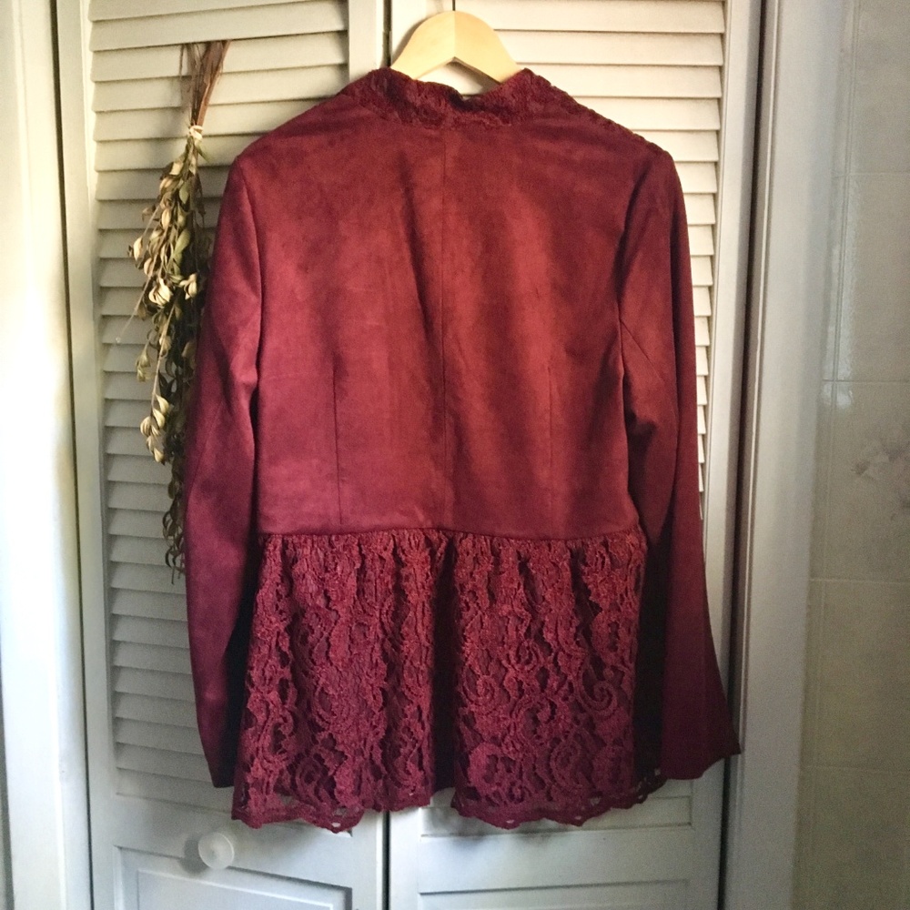 {Chico's} Cranberry Peplum Lace Overlay Jacket, L - Picture 2 of 8